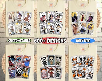 May include: Cream-colored DTF (Direct to Film) transfer shirts featuring Disney and Halloween-themed designs. The shirts showcase various characters and text, including "READY TO PRESS DTF TRANSFER" and "DISNEY HALLOWEEN DTF".
