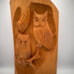 May include: A light brown wooden wall plaque featuring a relief carving of two owls perched on a branch. The natural wood grain is visible throughout the piece, with detailed textures carved into the feathers and the surrounding background area.