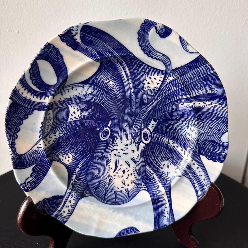 Puede incluir: Un plato de cer&aacute;mica blanco y azul con una ilustraci&oacute;n detallada de un pulpo. El pulpo est&aacute; representado en un tono azul profundo, con intrincado trabajo de l&iacute;neas. El plato tiene una forma ligeramente irregular y org&aacute;nica.