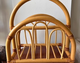 Vintage Rattan Magazine Rack Wicker Newspaper Holder Boho Coastal Organizer