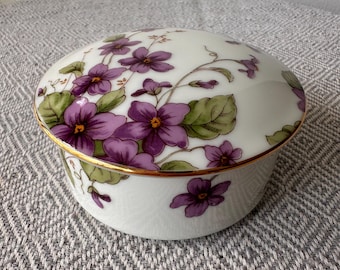 Vintage Lefton China Violet Floral Lidded Trinket Box 1991 Porcelain Dish