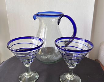 Vintage Mexican Handblown Glass Pitcher with 2 Cobalt Blue Rim Margarita Glasses