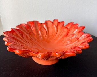 Vintage Ceramiche Virginia Italy Orange Leaf Pedestal Serving Bowl Signed