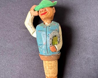 Vintage Hand Carved Wooden Wine Mechanical Bottle Stopper Folk Art Man Cork