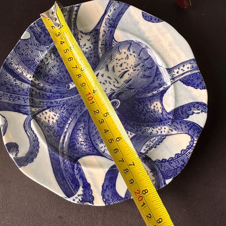 Puede incluir: Un plato de cer&aacute;mica blanco y azul con un dise&ntilde;o de pulpo. El plato mide aproximadamente 20 cm de di&aacute;metro. La ilustraci&oacute;n del pulpo est&aacute; en un estilo vintage detallado, con tent&aacute;culos en la superficie.