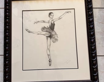 Vintage Ballerina Charcoal Drawing Ballet Dancer Art Heavy Wood Frame 33x30"