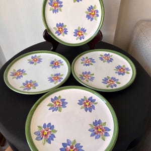 May include: A set of four white ceramic plates with a green border. Each plate features a floral design with blue, red, and yellow petals. The plates are arranged on a dark surface.