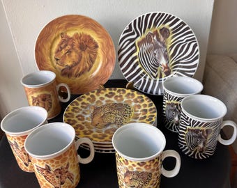 Juego de 6 tazas y platos Limoges France Wildlife Safari: Cebra, León, Leopardo, Jirafa