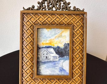 Original Watercolor Landscape Painting – Cottage by Lake in Vintage Ornate Frame