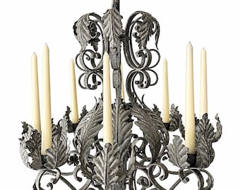 Vintage Patina Wrought Iron Tole Leaf 8 Candle Chandelier 30" Heavy French Style