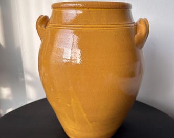 Vintage French Terracotta Confit Pot with Mustard Glaze & Handles, 1970s