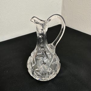 Vintage Cut Crystal Glass Pitcher Etched Floral Design Clear Glass Decanter 6&quot;