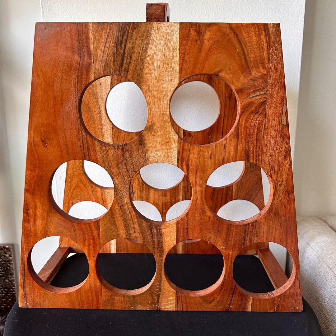 Vintage Wooden Wine Rack 9 Bottle Holder With Handle Mid Century Modern ...