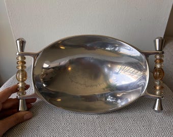 Vintage Argent Metal Serving Dish Amber Glass Beaded Handles Bowl