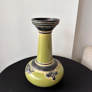 Vintage Green Ceramic Vase with Black Accents and Leaf Motif – Rustic Pottery Decor