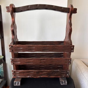 Vintage Brutalist Handcrafted Wooden Magazine Rack with Handle 20 inch Tall