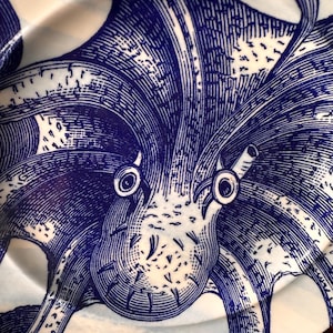 Puede incluir: Plato de cer&aacute;mica blanco con una ilustraci&oacute;n detallada de un pulpo azul. El dise&ntilde;o presenta un intrincado trabajo de l&iacute;neas, que representa los ojos, los tent&aacute;culos y el cuerpo del pulpo. El plato tiene un tema n&aacute;utico.