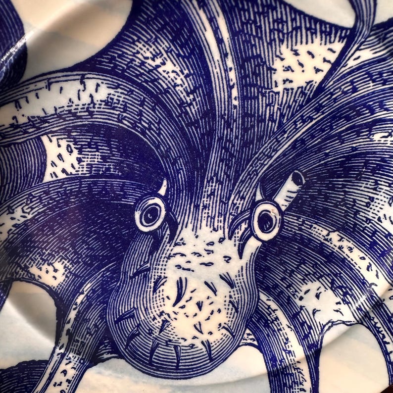 Puede incluir: Plato de cer&aacute;mica blanco con una ilustraci&oacute;n detallada de un pulpo azul. El dise&ntilde;o presenta un intrincado trabajo de l&iacute;neas, que representa los ojos, los tent&aacute;culos y el cuerpo del pulpo. El plato tiene un tema n&aacute;utico.