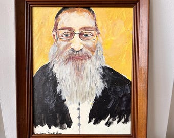 Jewish Judaism Oil Painting on Canvas Rabbi with Glasses Framed 16x13" Signed