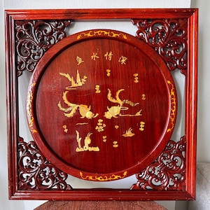 Vintage Chinese Wooden Wall Art Panel Hand-Carved with Nacre Detailing 21 1/2” Tall
