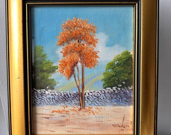 Vintage Oil Painting Autumn Tree Landscape Mid Century Art Signed Framed 11x13"