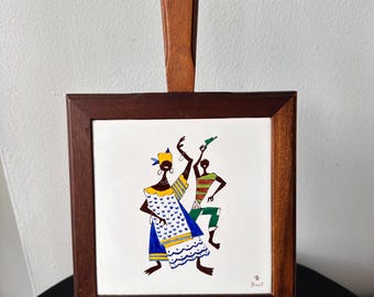 Hand Painted Ceramic Tile Wood Frame Wall Hanging Trivet Made in Brazil Signed