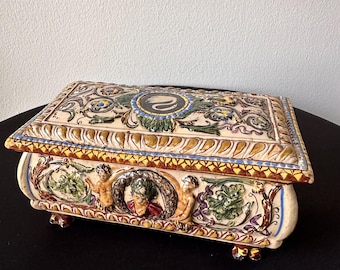 Vintage Italian Footed Hand Painted Majolica Jewelry Box Simondetti Italy 1950's