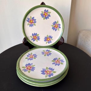 May include: Set of white ceramic plates with a green rim and hand-painted floral design. Each plate features six flowers with blue, pink, and yellow petals. The plates are stacked and displayed on a dark surface.