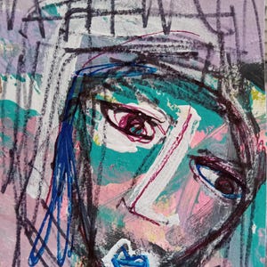 Original abstract cubist Whimsical Portrait aceo art card outsider painting