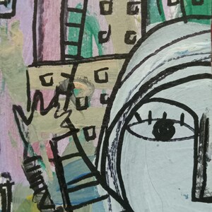Original abstract cubist Whimsical Portrait aceo art card outsider painting