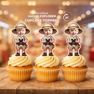Safari Explorer Personalized Face Cupcake Toppers, Custom Photo Jungle Animals Printable