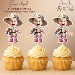 Safari Explorer gepersonaliseerde gezichtscupcaketoppers | Leuk safarifeest voor meisjes
