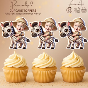 Safari Zebra Personalized Face Cupcake Toppers | Jungle Animal Party Decor for Boys