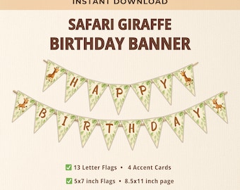 Verjaardagsbanner giraf, Safari-feestgunsten, Afdrukbare Jungle Garland, Instant Download