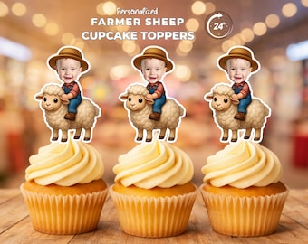 Adornos personalizados para cupcakes con caras de oveja, recuerdos personalizados para fiestas temáticas de granja.