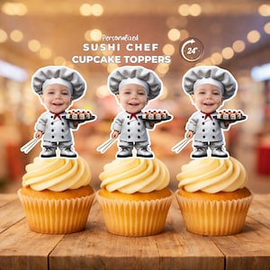 寿司シェフのパーソナライズされた顔のカップケーキトッパー、日本のカスタムパーティーの記念品