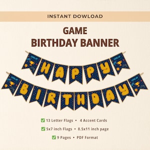 Video Game Birthday Banner | Gamer Birthday Party Decor | Pixel Gaming Garland | Instant Download