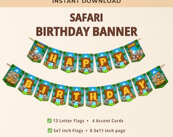 Safari Birthday Banner, Safari Party Favors, Instant Download