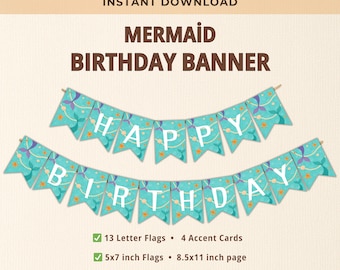 Guirnalda de cumpleaños de sirena, recuerdos para fiesta bajo el mar, guirnalda imprimible de feliz cumpleaños, descarga instantánea