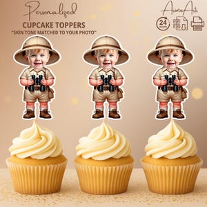 Safari Explorer gepersonaliseerde gezichtscupcaketoppers | Leuk safarifeest voor jongens