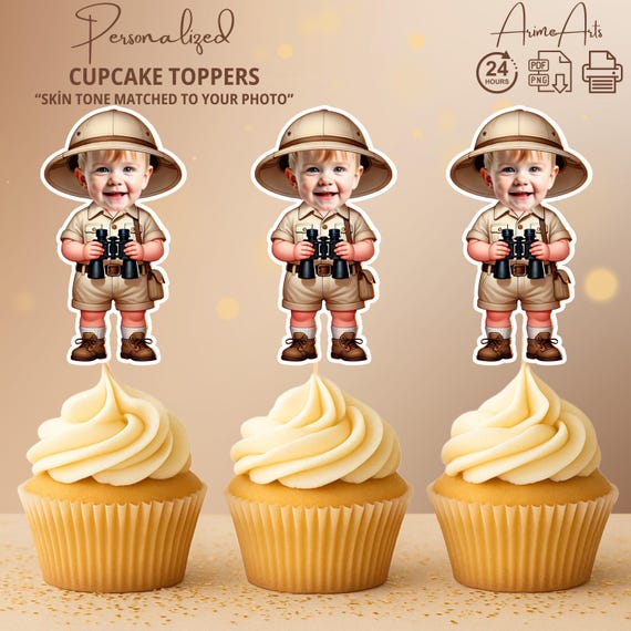 Safari Explorer Personalized Face Cupcake Toppers | Fun Safari Party for Boys
