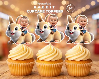 Rabbit Personalized Face Cupcake Toppers , Custom Party Favors