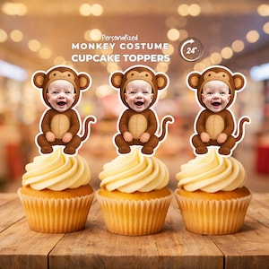 Monkey Costume Personalized Face Cupcake Toppers,  Custom Party Favors