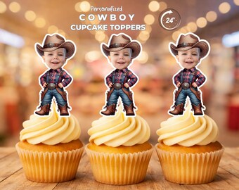 Cowboy Personalized Face Cupcake Toppers, Custom Photo Western Rodeo Printable