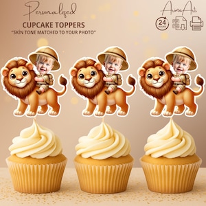 Safari Lion Personalized Face Cupcake Toppers | Jungle Animal Party Decor