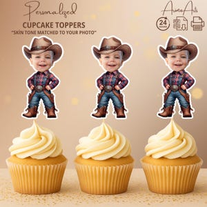 Topper per cupcake con volto da cowboy personalizzato / Festa del rodeo western per ragazzi
