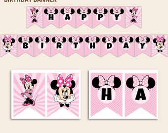 Banner de cumpleaños con orejas de ratón / Guirnalda rosa de feliz cumpleaños / Decoración de fiesta imprimible / Descarga instantánea