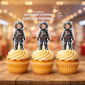 Adornos personalizados para cupcakes con rostro de ingeniero espacial