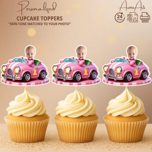 Pink Car Cupcake Toppers | Personalized Face Party Decor