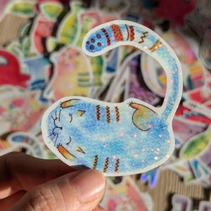 Pegatina gato azul / papelería bonita / pegatina infantil / sticker / pegatina holográfica